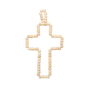Croix décorative en perles de bois naturel