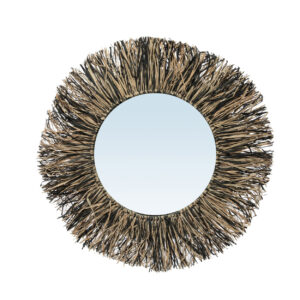 Miroir rond à franges en raphia naturel et noir
