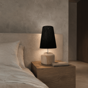 Lampe de table en raphia et bois de teck – Naturel Noir
